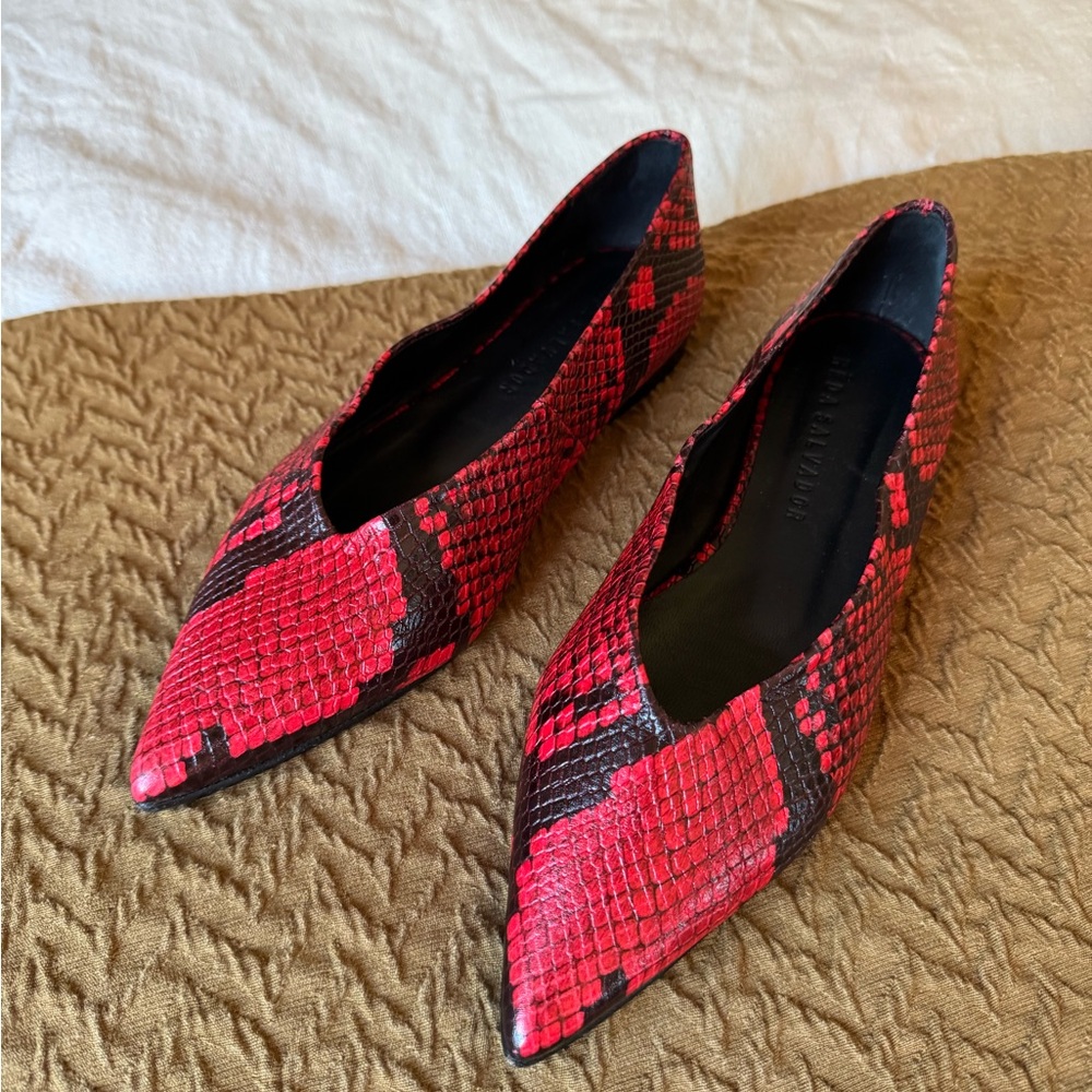 Freda Salvador Red & Black Snake-Print Pointed Toe Flats